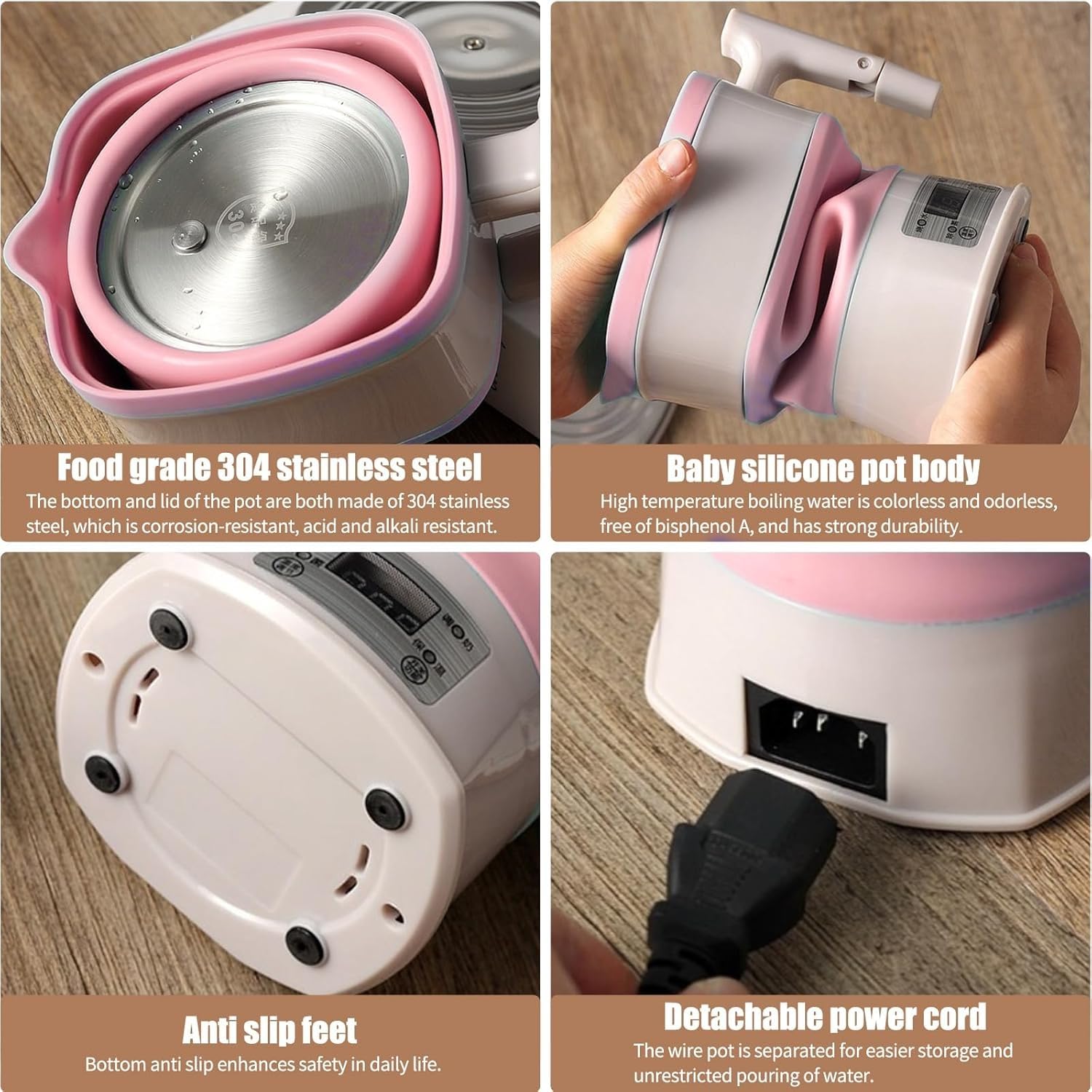 Bouilloire électrique pliable miniature, 800 ml, idéale for le camping, les voyages, la randonnée et activités de plein air. En silicone, sans BPA(Pink)