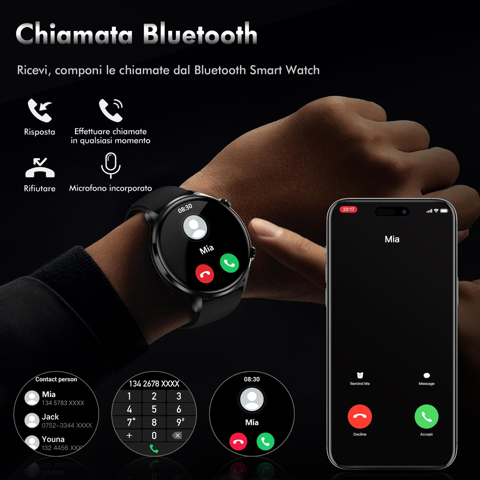 Redriver Smartwatch Uomo Orologio, 1.39" Rotondo Smart Watch Chiamata e Whatsapp, 100+Modalità Sport Fitness Tracker Impermeabile IP68, Pressione Sanguigna, Ecg, SpO2, Sonno, per Android iOS