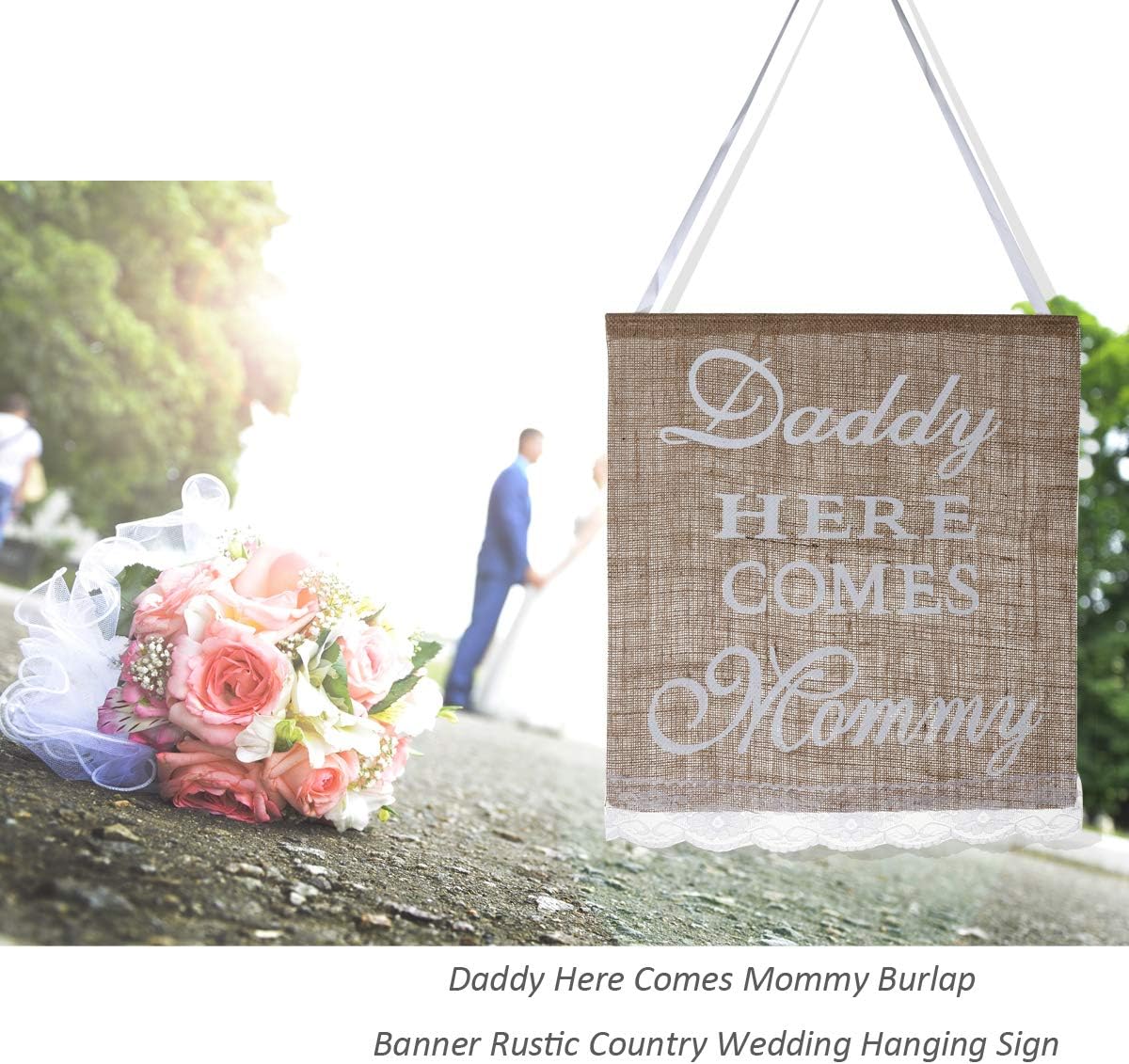 WINOMO Daddy Here Comes Mommy Burlap Banner Rustic Country Wedding Hanging Sign