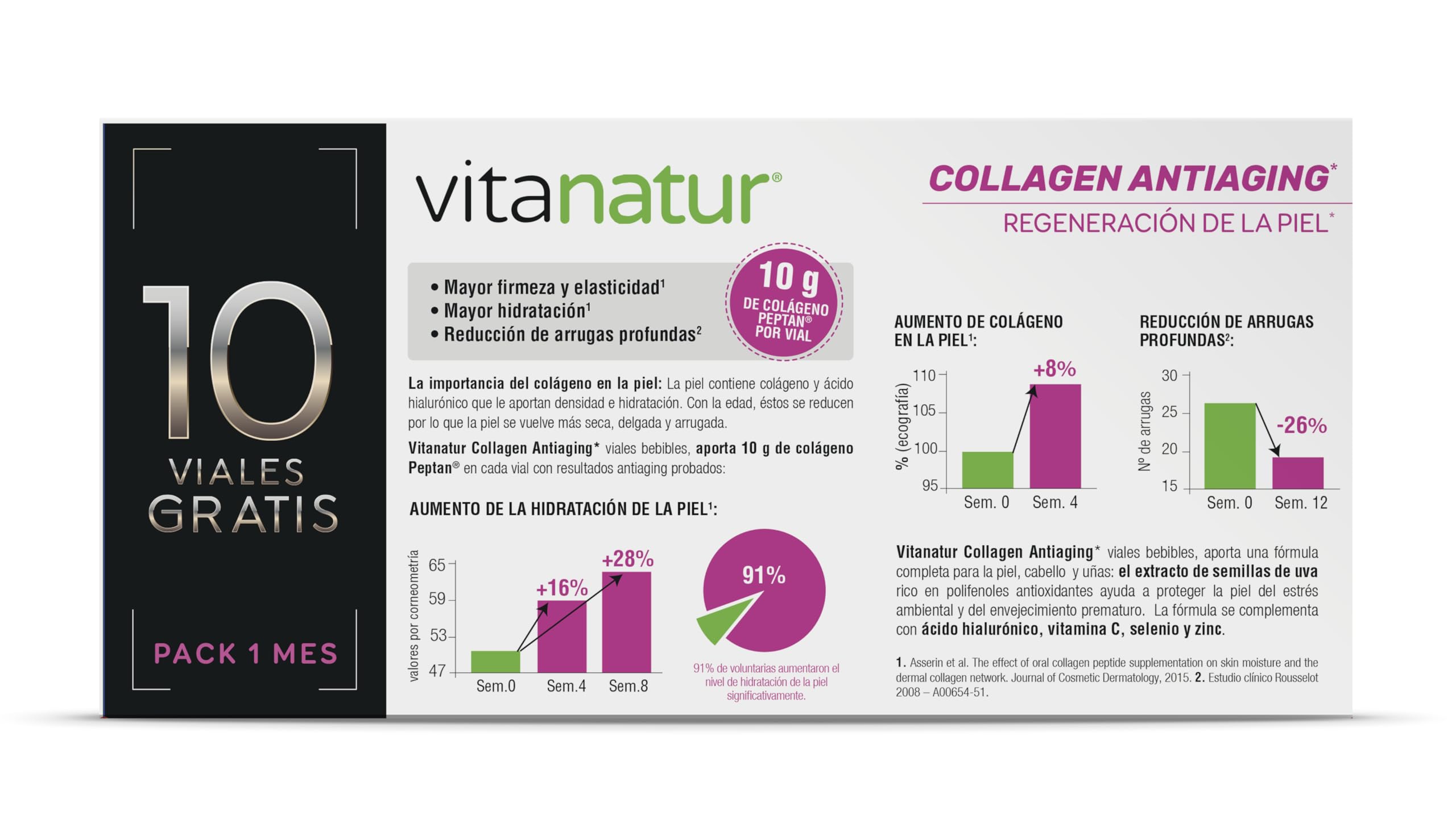 Vitanatur - Collagen Antiaging, Complemento Alimenticio, Ayuda a Mantener la Piel en Buen Estado, Acción Antiedad, Colágeno Hidrolizado, Ácido Hialurónico y Vitamina C, Sabor Frutos Rojos - 10 Viales