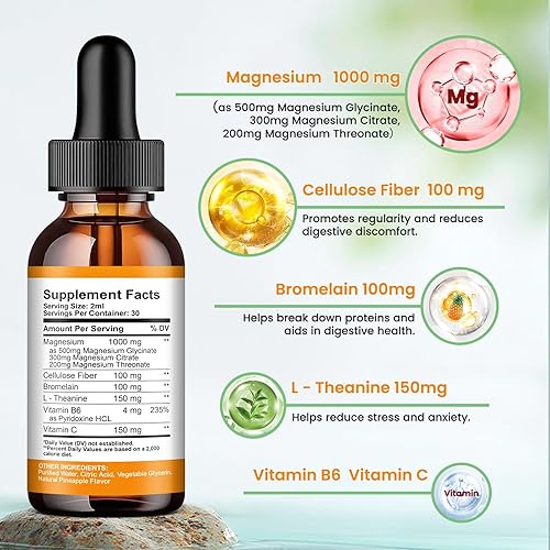 Miniatura 2 de Paquete de 2 gotas líquidas de glicinato de magnesio para dormir, nervios, energía, sabor muscular sin azúcar a piña y cereza