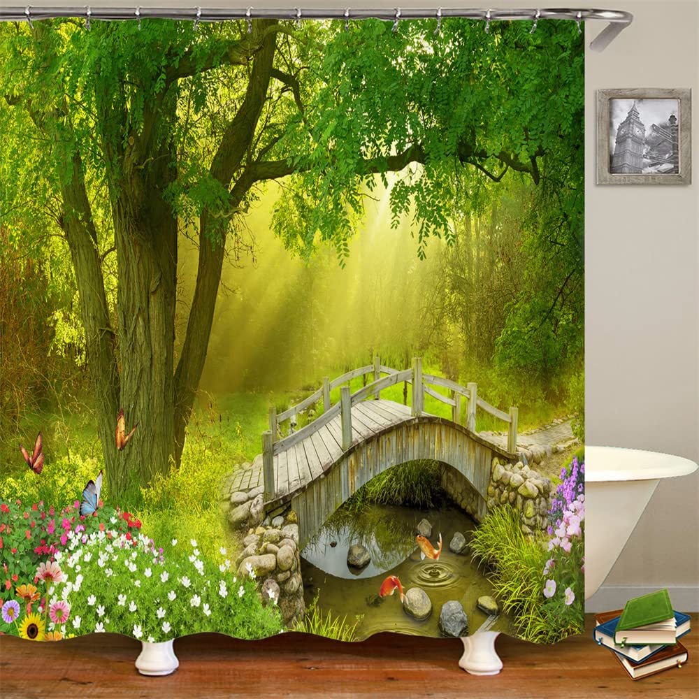 JIANGLANY Morning Fog under the Green Forest Shower Curtain Spring Flower Butterfly Wooden Bridge Nature Landscape Curtain for Bathroom Cloth Bath Decor with Hooks 180x180cm (5)