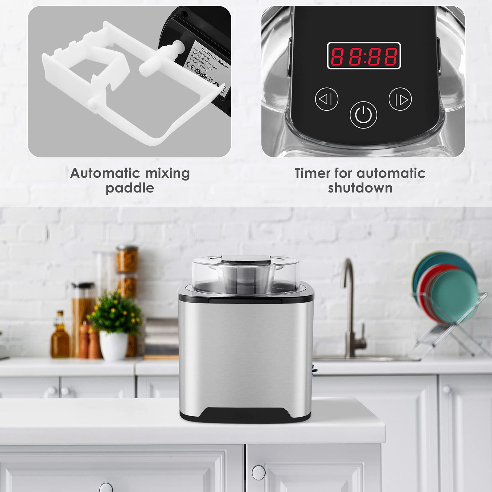 Olibelle 1400W 16-20L/H Machine à Crème Glacée Professionnelle en Acier Inoxydable Sorbetiere