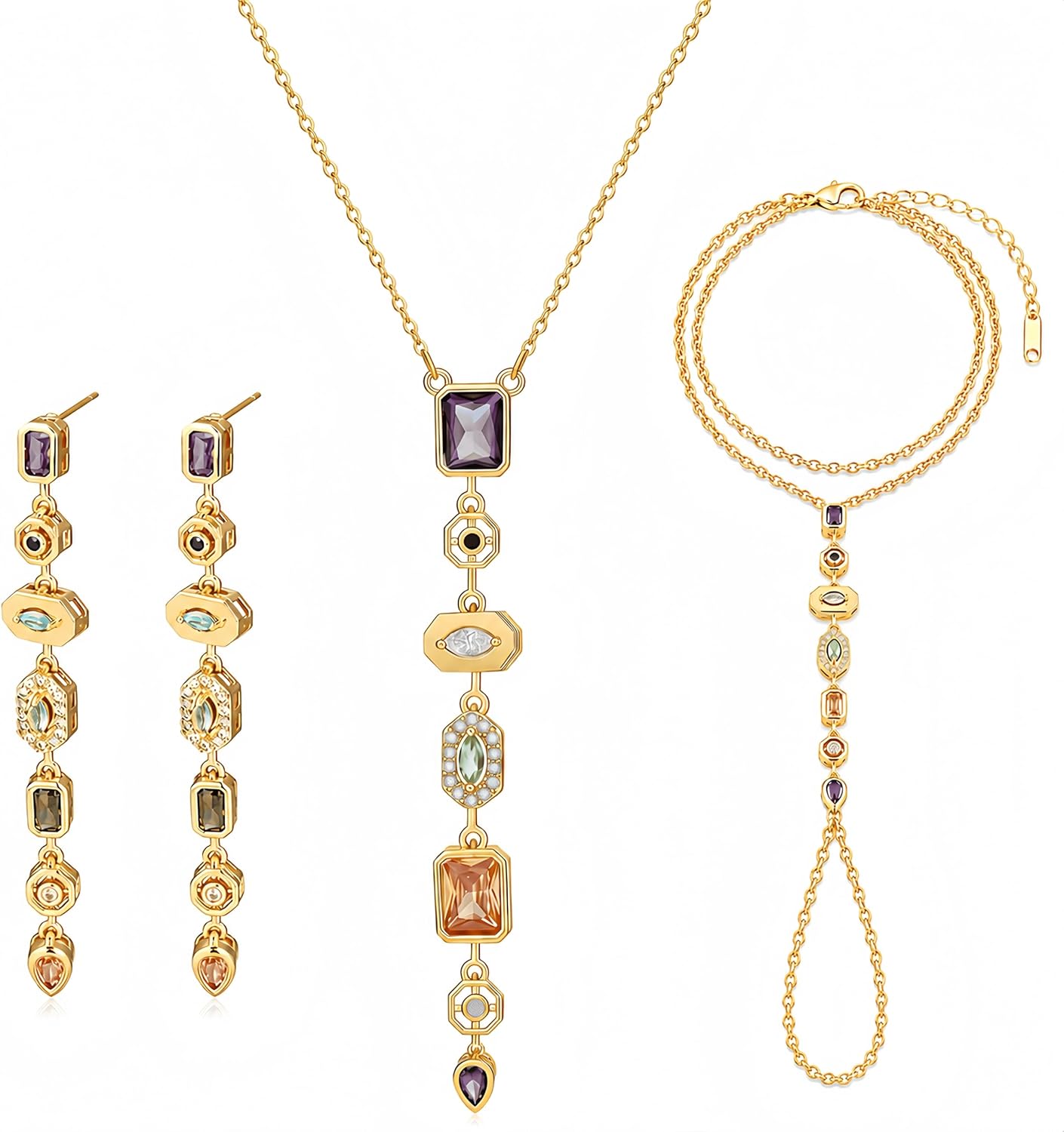 18K Gold Plated Chakra Inspired Jewelry Set for Women, 3-Piece Colorful Crystal Necklace, Long Dangle Earrings and Hand Chain Bracelet, Boho Matching Jewelry Gift Set