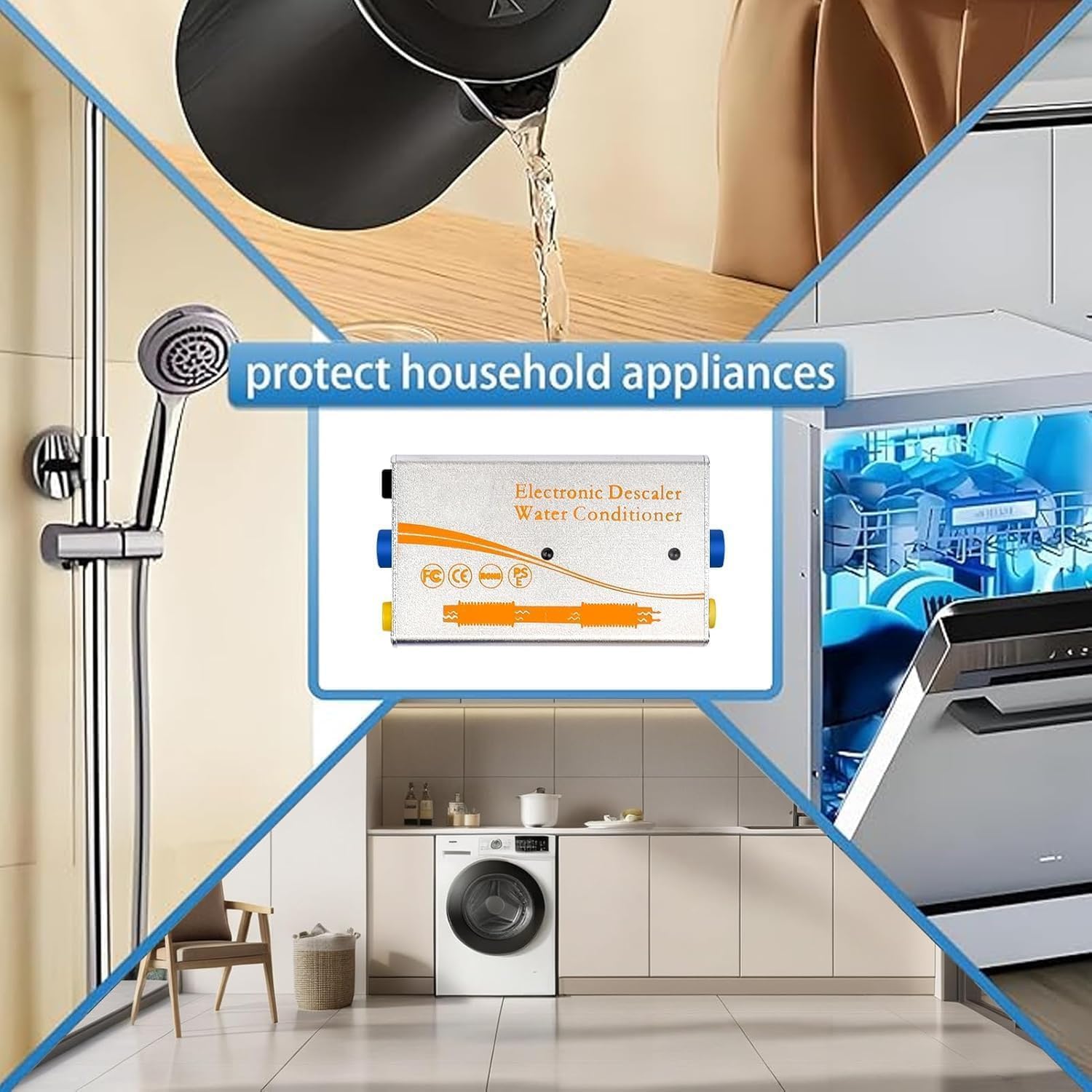 Sistema elettronico anticalcare per addolcitore d'acqua alternativo per tutta la casa, senza sistema di addolcimento dell'acqua salata, riduce il calcare e prevenire l'accumulo di depositi (argento)