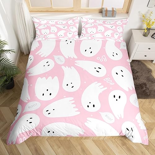 Feelyou Juego de funda de edredón rosa de Halloween, tamaño King, juego de ropa de cama de fantasma rosa de dibujos animados para niños y niñas,