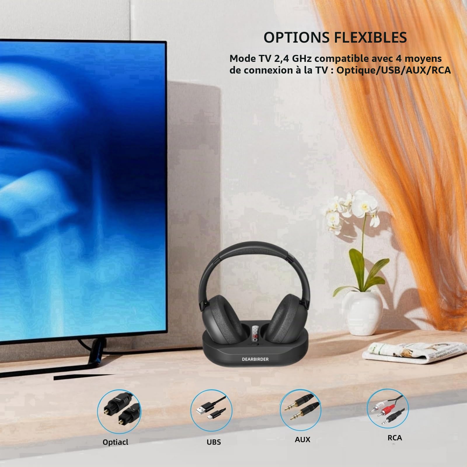 Casque TV sans fil 2.4G RF et Bluetooth 5.3 casque Over-Ear pour regarder la télévision base émetteur, pas de retard audio, volume potentielle