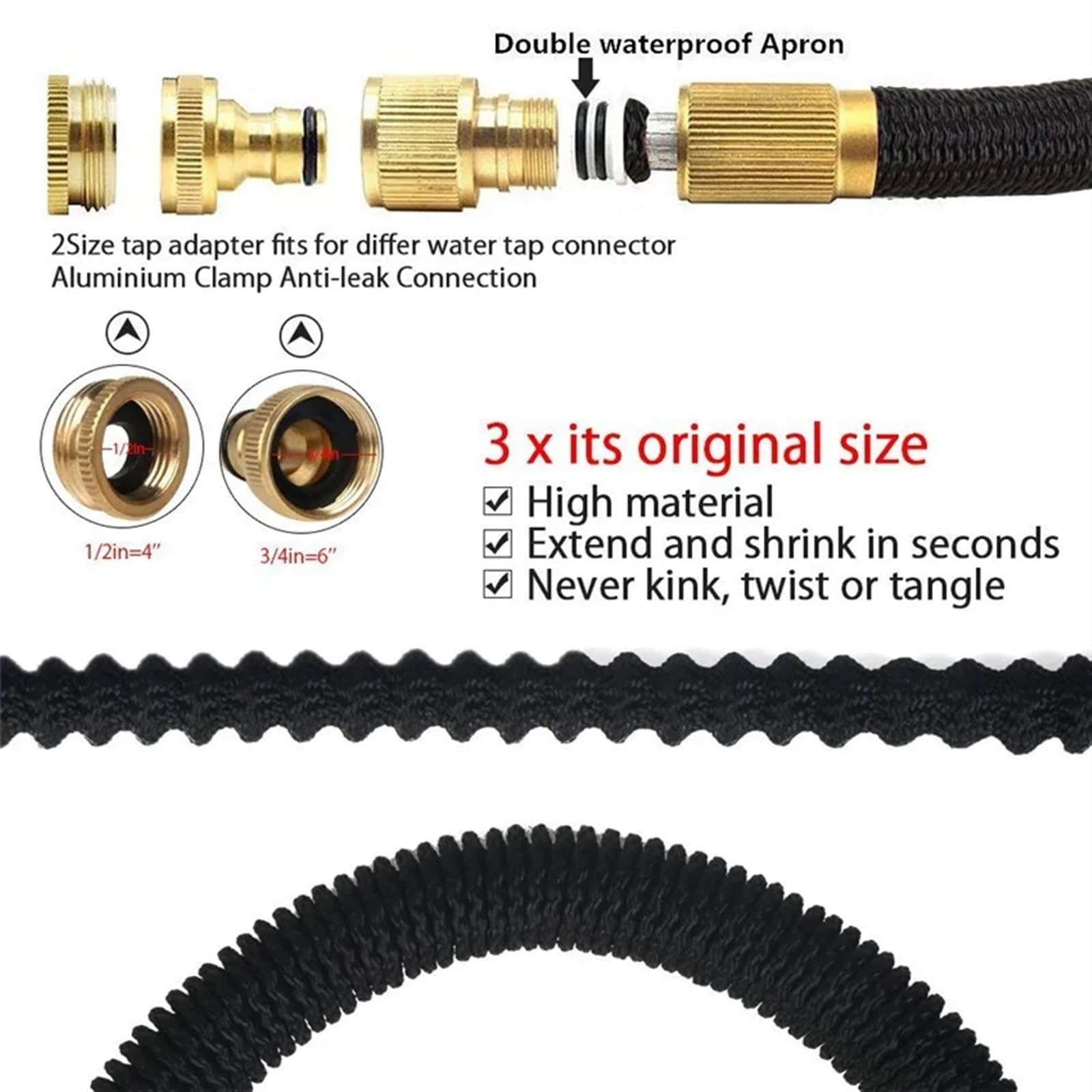 Manguera de Agua de jardín con Interfaz Universal, Manguera de riego Extensible, Manguera Flexible de Lavado de Coches de Alta presión, Herramientas de riego(Black Yellow Nozzle,1/2''_100FT)