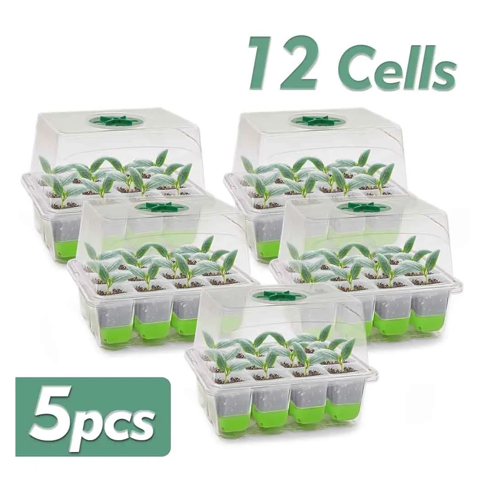 Bandejas para Semillas Bandeja de Inicio de plántulas de 12 Celdas con Cubierta Transparente Caja de germinación de Humedad Invernadero de Crecimiento for jardín Interior para Semilla(5pcs)