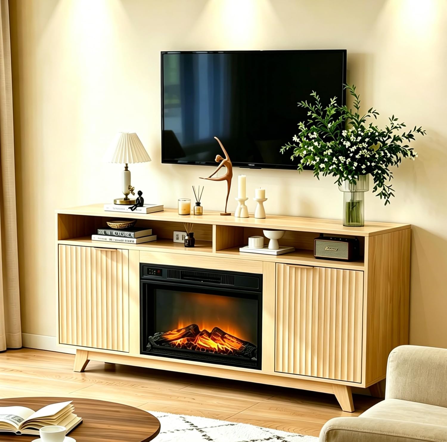 Fireplace TV Stand for 55–65 Inch TVs, 3-Sided Electric Fireplace with LED Light Strip, Glass Doors, Storage Drawers & Open Shelf, Entertainment Center, Dark Rustic Oak