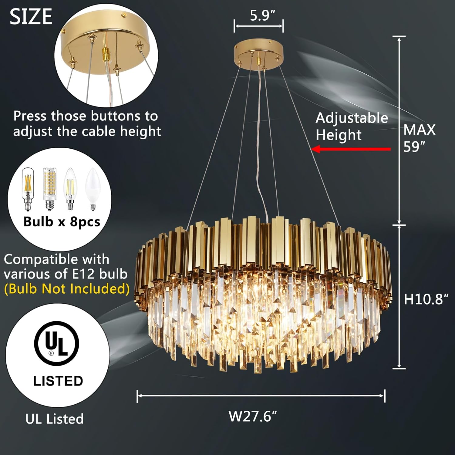 W27.6 Plated Gold Chandelier Modern Crystal Chandeliers for Dining Room Bedroom Foyer Kitchen Light Fixture Contemporary Round Chandelier Raindrop Pendant Ceiling Lights 8-Light