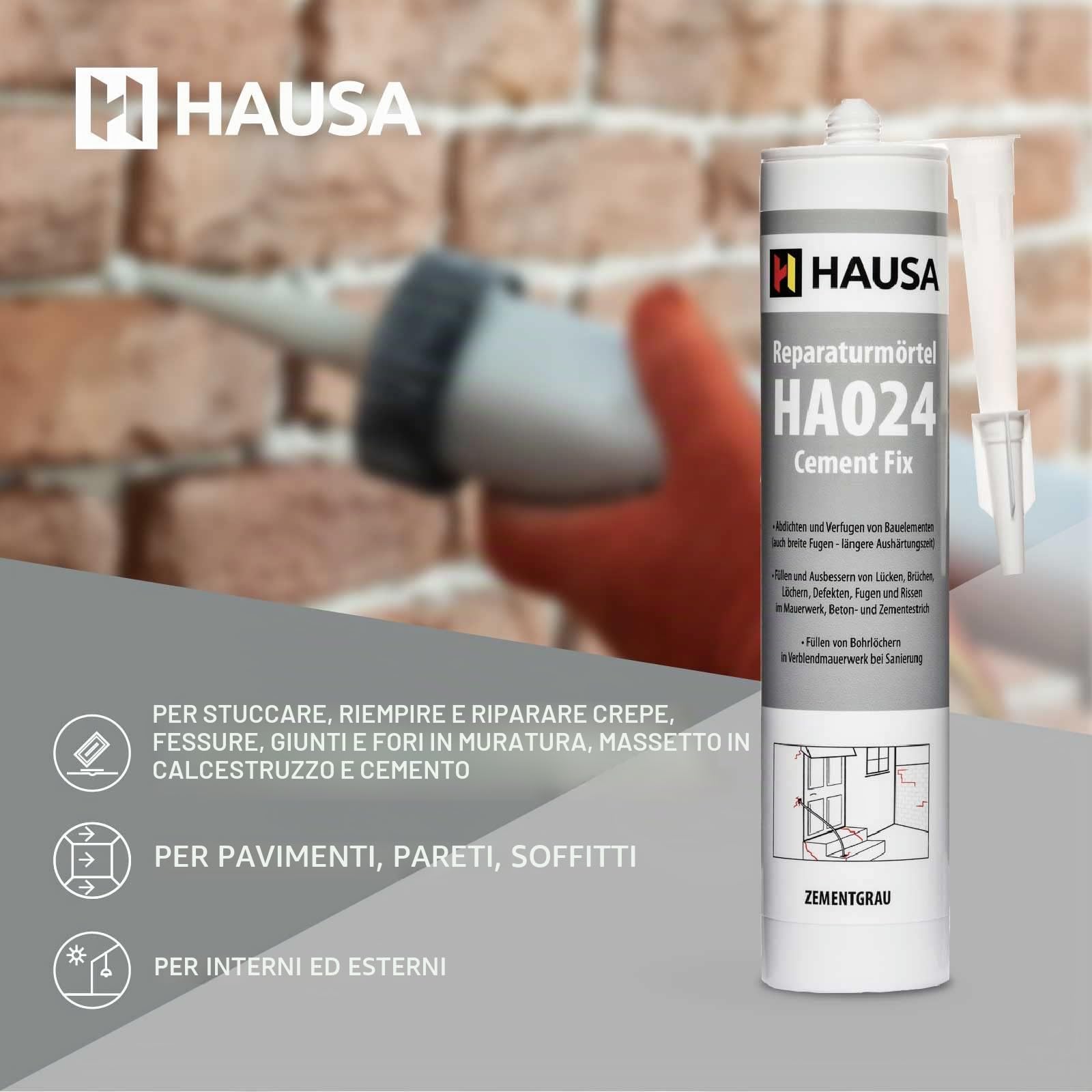 HAUSA Mortiere di Riparazione Cement Fix HA024 Mortiere Pronta all'Uso per Stuccature Riempimento di Crepe e Fissature Cemento Rapido per Interno ed Esterno Grigio Cemento 4x 310 ml