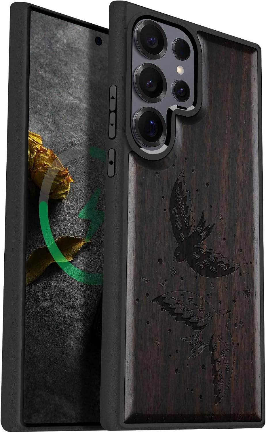 Carveit Magnetic Wooden Case for Samsung Galaxy S25 Ultra Case 2025, TPU Shockproof Cover & Wood Artisan Engraved, Compatible with MagSafe Wireless Chargers (Minimalist Flight) Blackwood