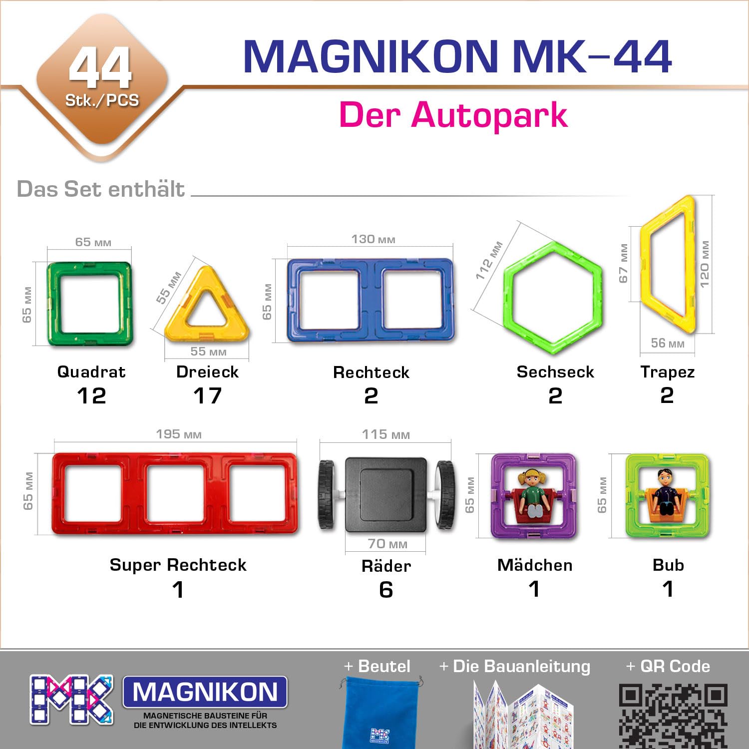 MAGNIKON Bloques de construcción magnéticos Der Autopark – Juego de construcción magnética de 44 Piezas, Ideal como Juguete de construcción para Promover la Creatividad y la motricidad, Juguetes