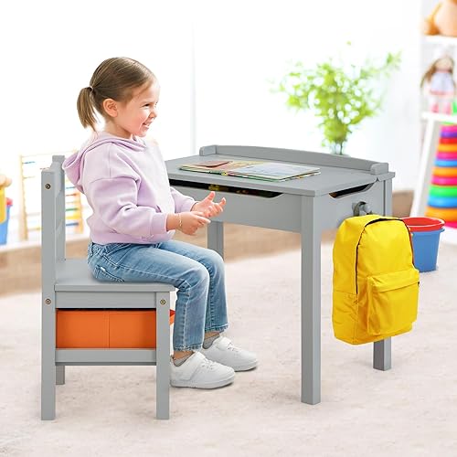 Miniatura 36 de HONEY JOY Juego de mesa y silla para niños, escritorio y silla de madera con cajón, soporte para rollo de papel y 2 rotuladores, juego de mesa de