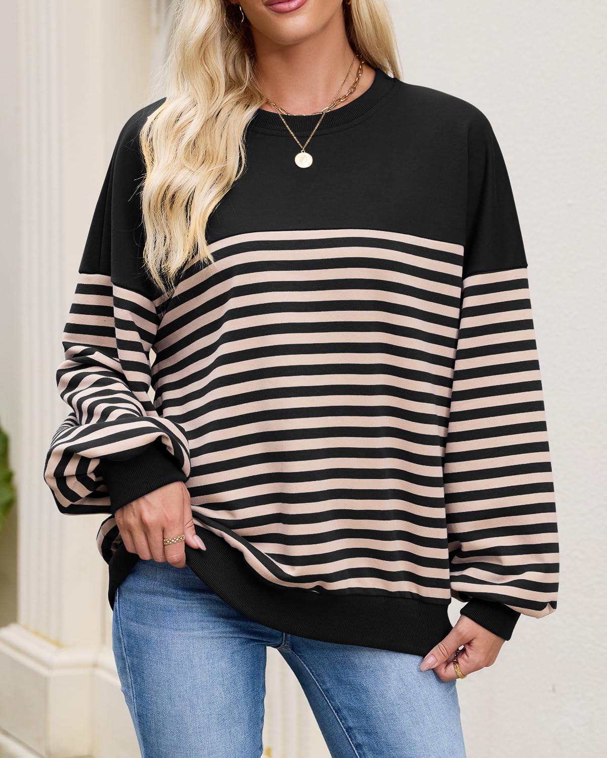 HEYTALALA Womens Oversized Striped Sweatshirts Y2K Long Sleeve Crewneck Sweater Color Block Drop Shoulder Loose Pullover Tops - Image 5