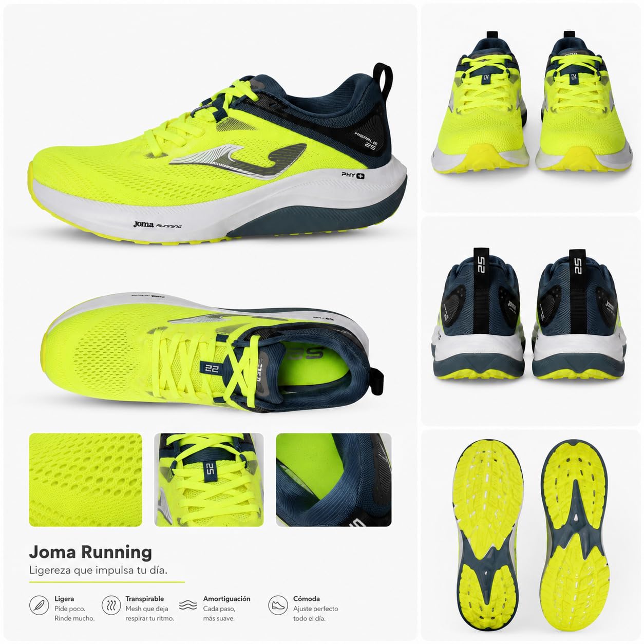 Joma RHISPW2609 Calzado Running Amarillo flúor con Mesh Transpirable, Cordones, Drop 10 mm y Suela Resistente Hombre Deportivos Amarillo Fluor 45