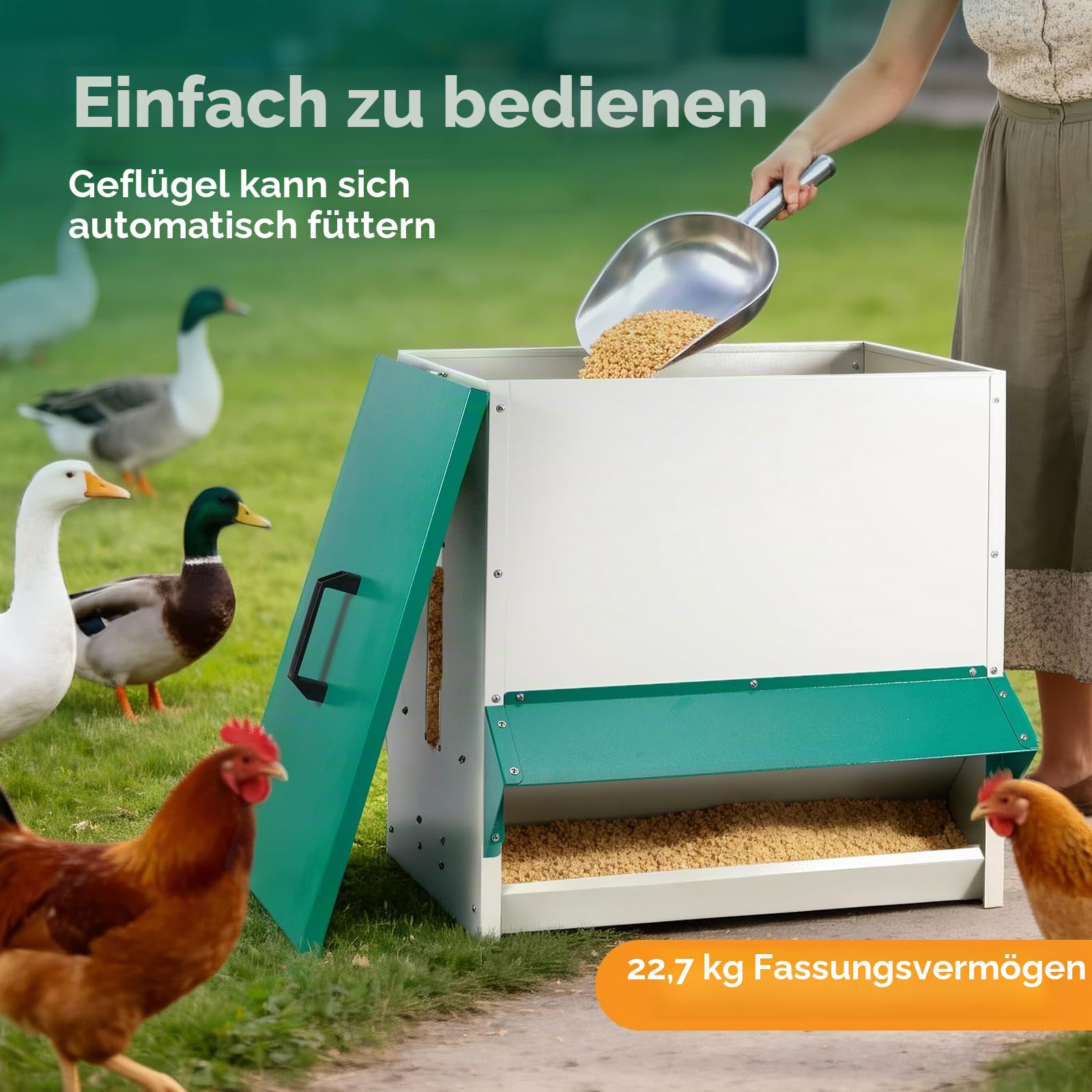 22kg Automatischer Futterautomat HüHner Futtertrog, HüHnerfutter Automat Metall GeflüGelfüTterer, Futterspender mit Deckel SchwerkraftfüTterer füR HüHner Enten GeflüGel GäNse(DunkelgrüN)