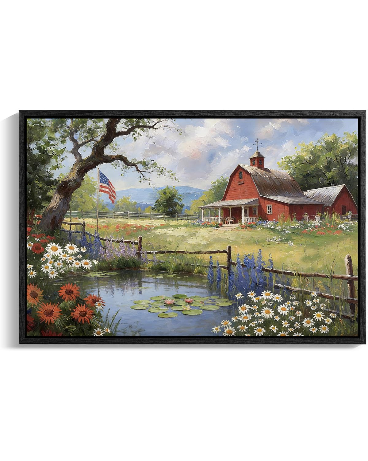 American Flag Framed Canvas Wall Art, 4th of July Floral Canvas Prints