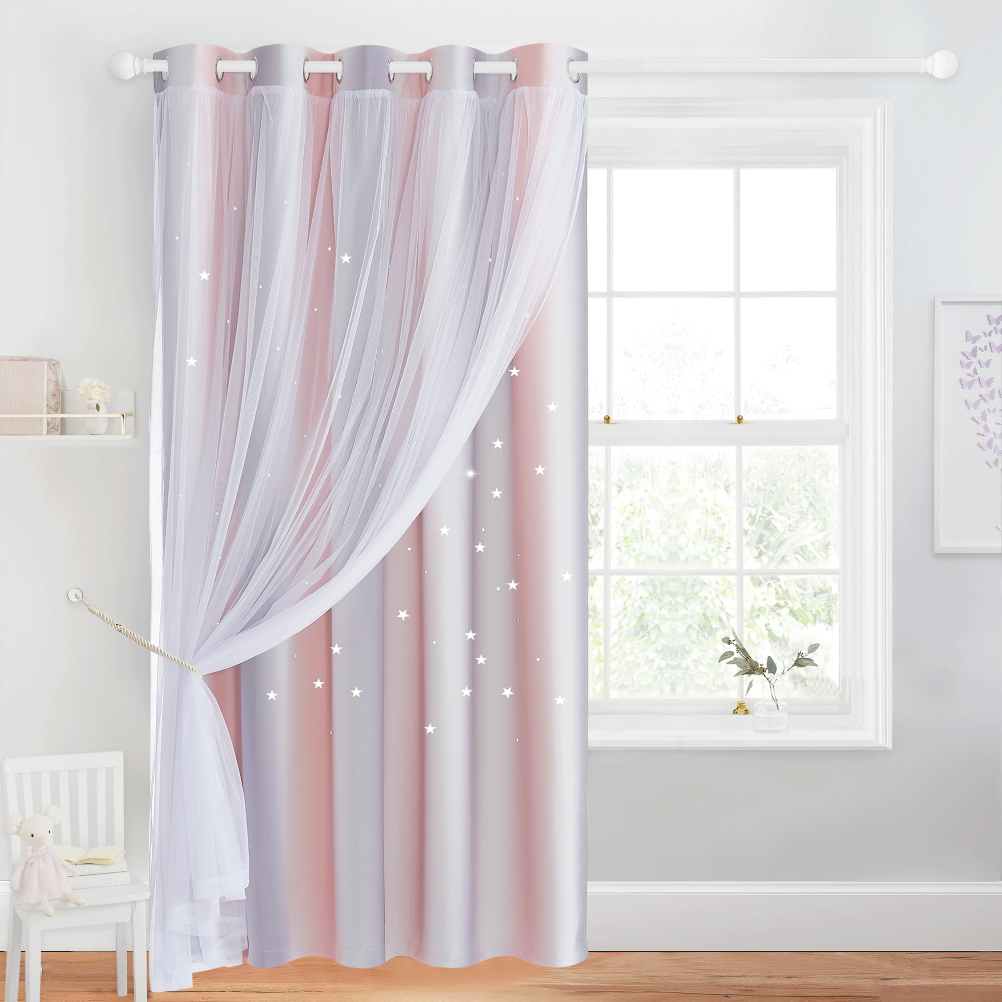 NICETOWN Pink & Grey Ombre Blackout Curtains for Kid Girls Bedroom Living Room Darking Stripe Double Layer Star Cut Out Wall Home Decor Gradient Grommet Window Curtains, 52W x 63L, 1 Panel