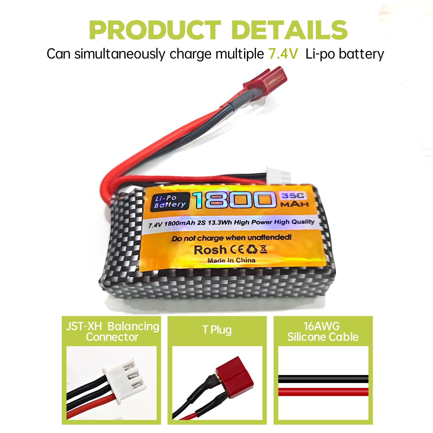 Lot de 2 batteries Li-ion 7,4 V 35 C 1800 mAh pour WLTYOS K929-B A959-B 12401 12402 12403 12404 12423 12428 144001 1/18 1/14 1/12 jouet télécommandé. Batterie de voiture