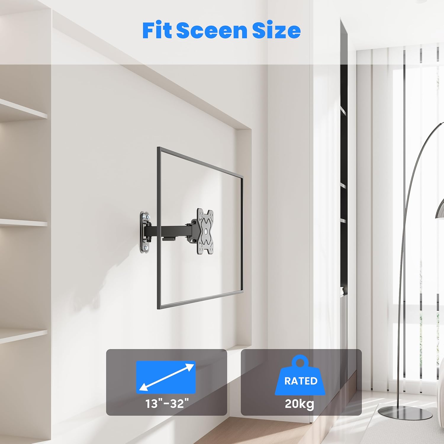 Image illustrating the compatible screen sizes (13-32 inches) and maximum weight capacity (20kg) for the wall mount.