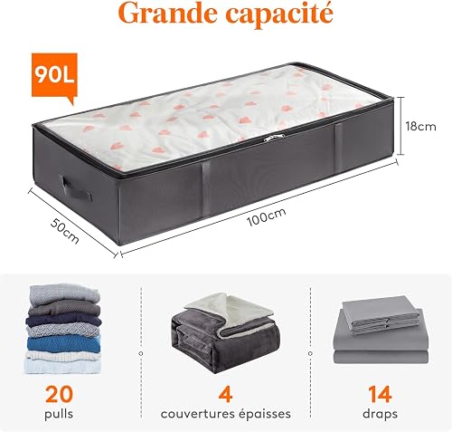 Lifewit 2 Pack 95L Under Bed Storage, Underbed Storage Boxes with lid Clothes Storage Bag Wardrobe Storage Organiser with Reinforced Handle, PVC Window for Duvet, Blanket, Clothing, Shoes, Grey - 2