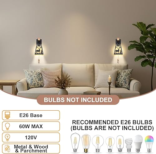 Miniatura 2 de Aplique de pared enchufable, apliques de pared rústicos de metal mate de ciervo, luces de pared negras, cortinas de papel pergamino de granja, juego