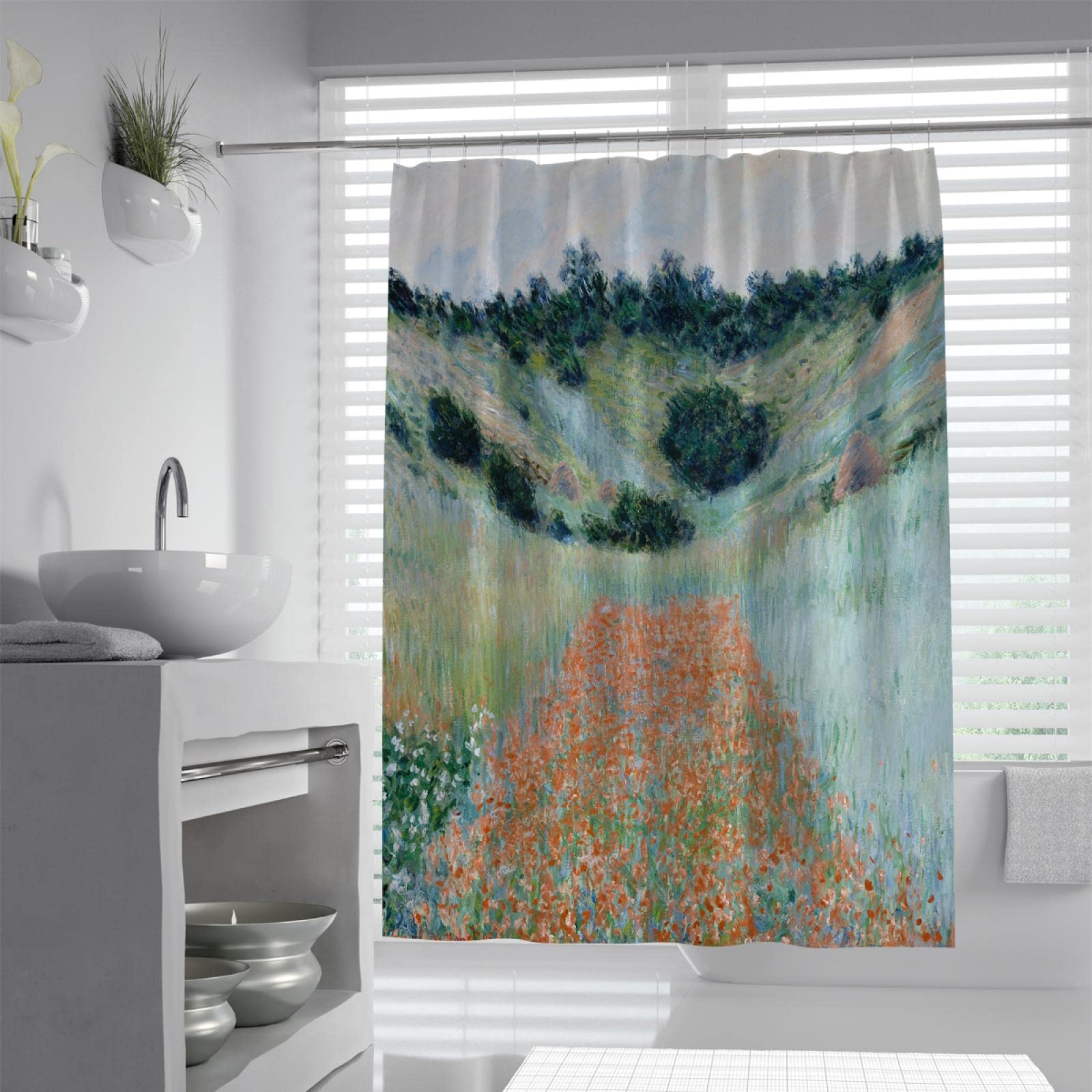 Ästhetischer Tal-Duschvorhang für Badezimmer Gewebefalten Claude Monet Klassisches Design Lange Vorhänge für Badewannen Waschbar 180Bx240Lcm