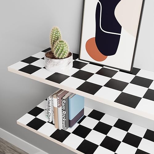 Miniatura 8 de YENHOME Papel tapiz cuadrado grande en blanco y negro para pared de baño, impermeable, autoadhesivo, papel de contacto a cuadros, para armarios y