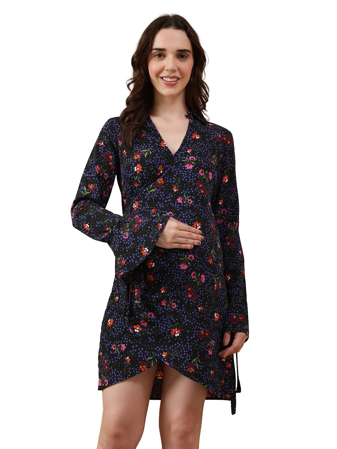 Women Maternity Navy Blue Floral Print V- Collared Neck Long Bell Sleeve with Tie-Up Detail Short Wrap Dress-image-19