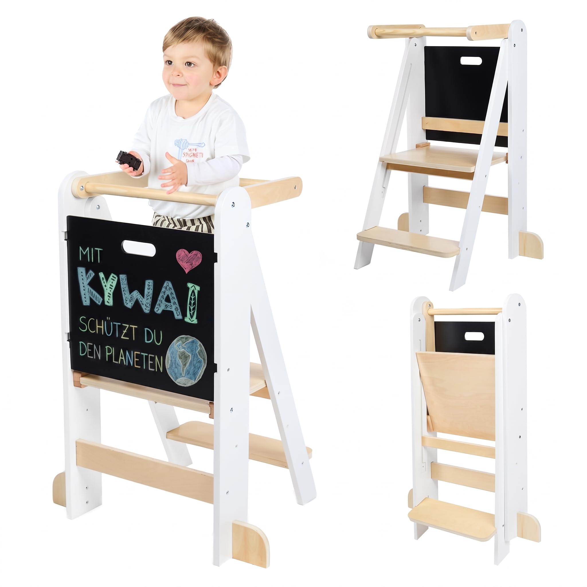 KYWAI® Lernturm ab 1 Jahr Klappbar, Lernturm Klappbar mit 2 Höhen, Abnehmbarer Tafel, nordisches Design, Kippschutz – FSC-Holz – Marke mit Engagement für globale Wiederaufforstung
