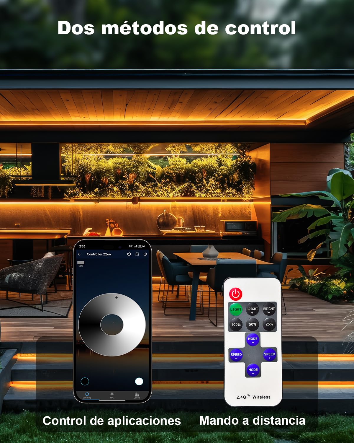 Gliztech 15M Tira LED COB impermeable IP68, 2700K Autoadhesiva Blanco Tira LED para exteriores con alimentación de 24V, BT APP y Control Remoto para Aleros, Jardines, Piscinas, Terrazas, Cocinas