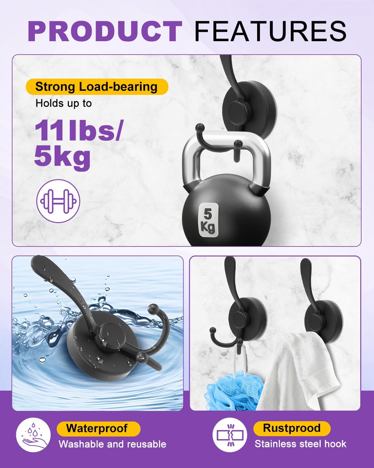 Suction Cup Hooks, Large Double Shower Hooks for Inside Shower, Heavy Duty Suction Hook for Glass Window, Black, 1 Pack