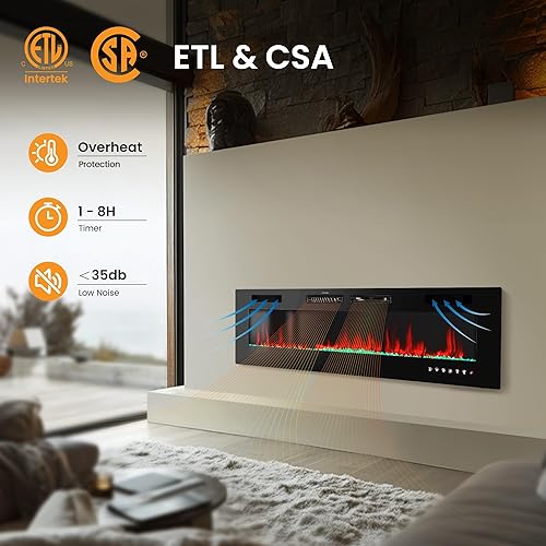 Miniatura 9 de PHI VILLA Chimenea eléctrica de 72 pulgadas montada en la pared y empotrada, calentador eléctrico de 3.19 pulgadas con control remoto y pantalla