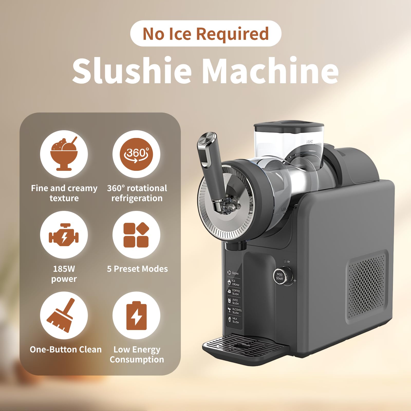 Maszyna do Slushy na Blat 185W – Duża Pojemność 1,8L, Technologia Szybkiego Zamrażania 360°, 5 Programów (Sok/Koktajl Mleczny/Kawa/Lody/Koktajl), Funkcja Czyszczenia