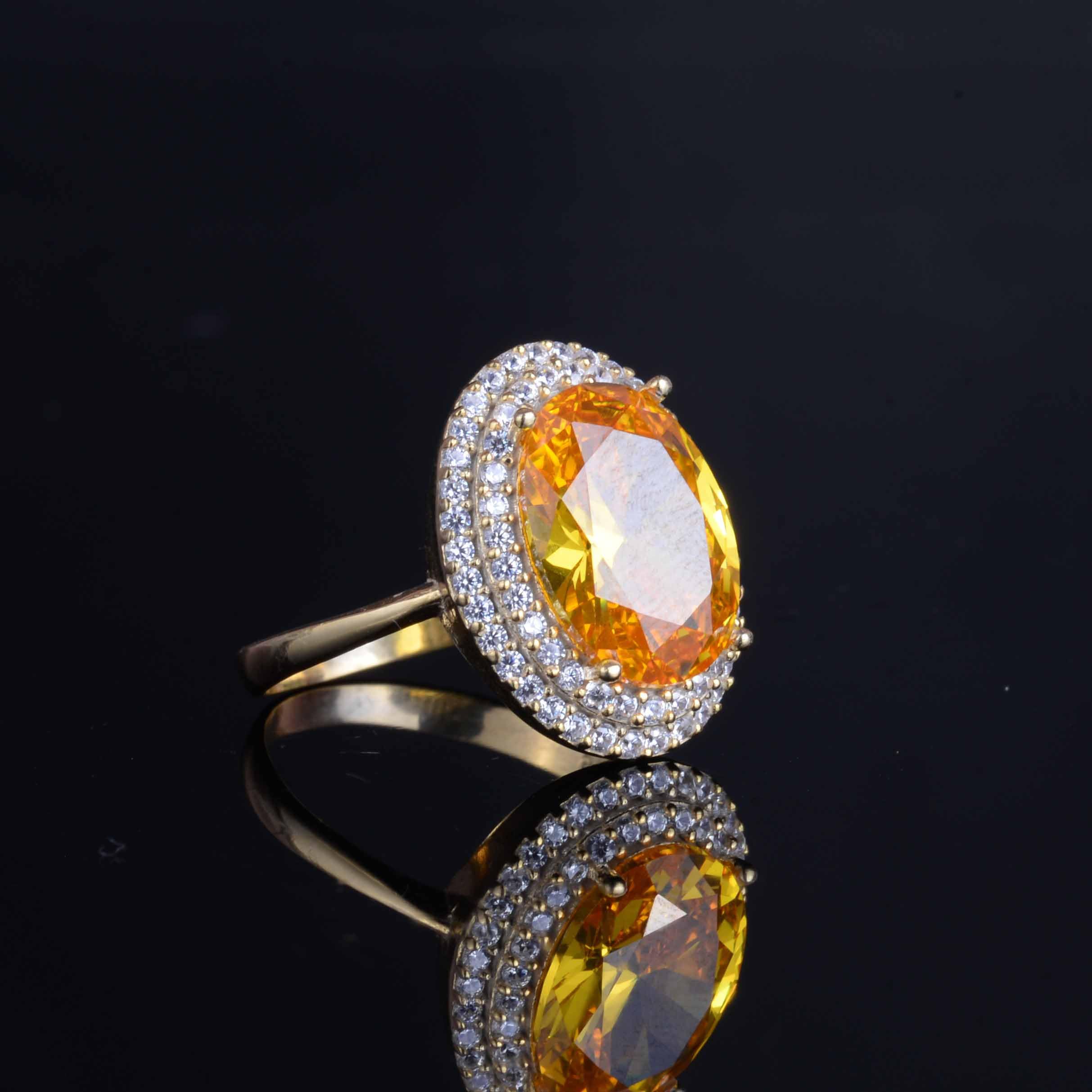KAMBO Damen-Ring aus 925er Sterlingsilber mit erstelltem Citrin-Stein, eleganter vergoldeter Ring mit glänzendem Halo-Design, Silber, ohne Edelsteine, Silber, Kein Edelstein