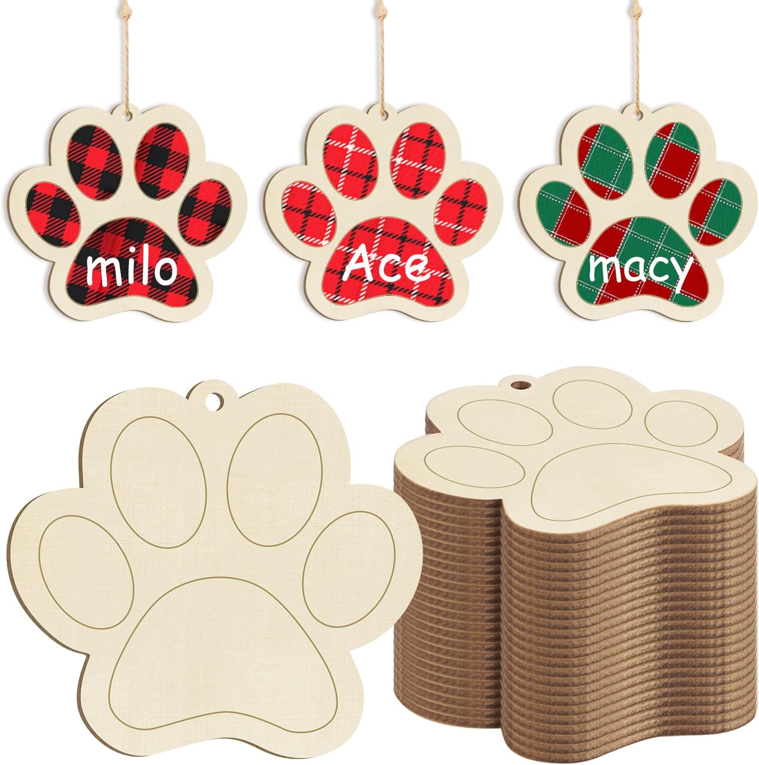 Wooden Dog Paw-Shaped Ornaments to Paint Dog House Decoration Cutouts Unfinished 24PCS, DIY Blank Unfinished Wood Discs Ornament for Pet Theme Party Crafts Hanging Christmas Thanksgiving Decoration
