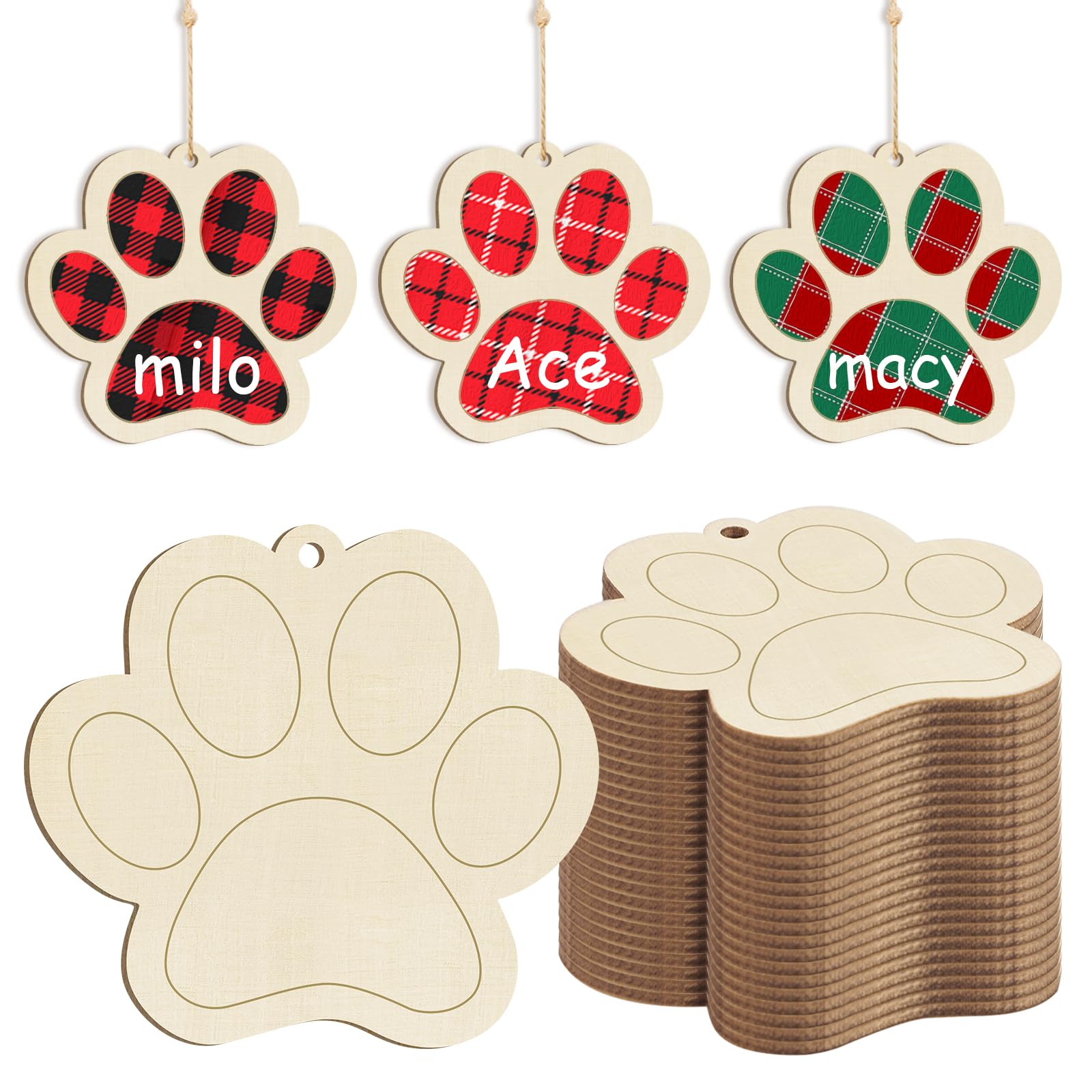 Wooden Dog Paw-Shaped Ornaments to Paint Dog House Decoration Cutouts Unfinished 24PCS, DIY Blank Unfinished Wood Discs Ornament for Pet Theme Party Crafts Hanging Christmas Thanksgiving Decoration