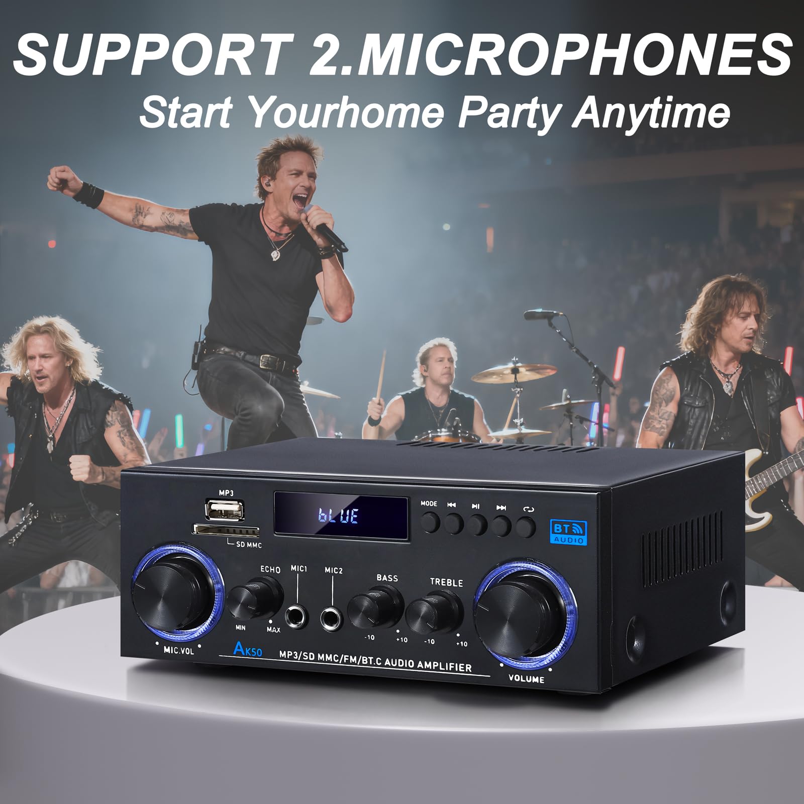 AK50 Amplificador estéreo de audio para el hogar, Bluetooth 5.0 máximo 200 W, receptores estéreo de 2.0 canales para coche, fiesta en casa, amplificador con tarjeta USB/TF/entrada AUX/control de