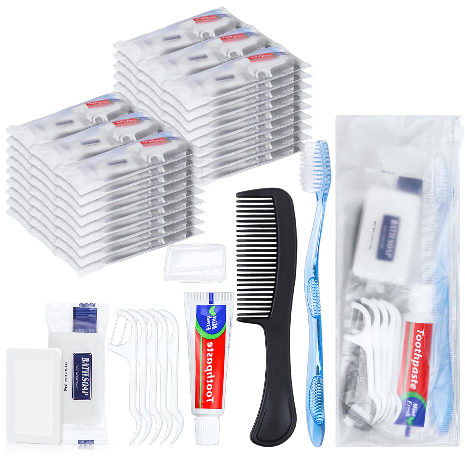 25 set di kit per l'igiene personale, spazzolini da denti usa e getta con dentifricio, filo interdentale, pettine, sapone e copertura, kit da toeletta per senzatetto in blocco