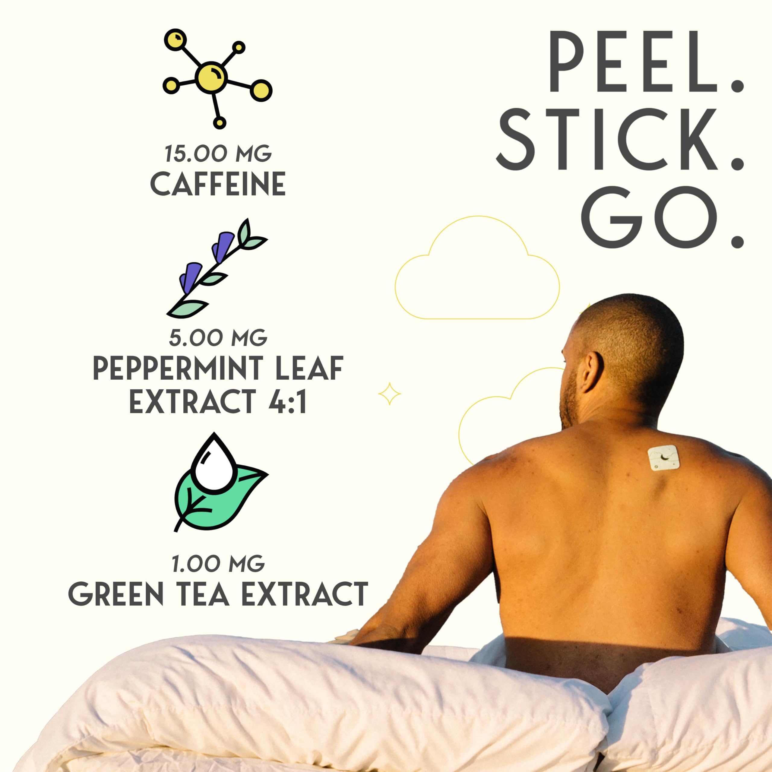 Klova Parches energéticos con cafeína, extracto de té verde, extracto de hoja de menta, vitamina B3 y vitamina B6, para mejorar la vigilia matutina