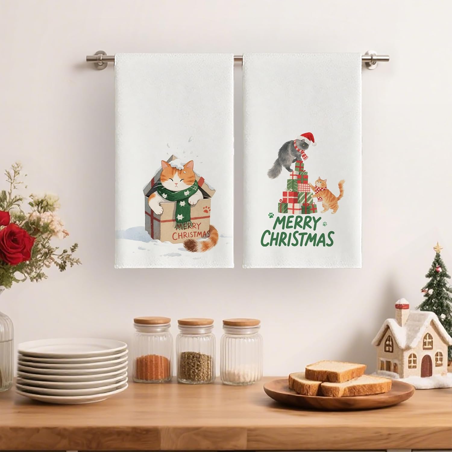 Merry Christmas Kitchen Towels Dish Towels, 17x27 Inch Daily Seasonal Winter Decoration Funny Hand Towels Set of 2,Cute Cat Farmhouse Decor(Cat) - Image 2