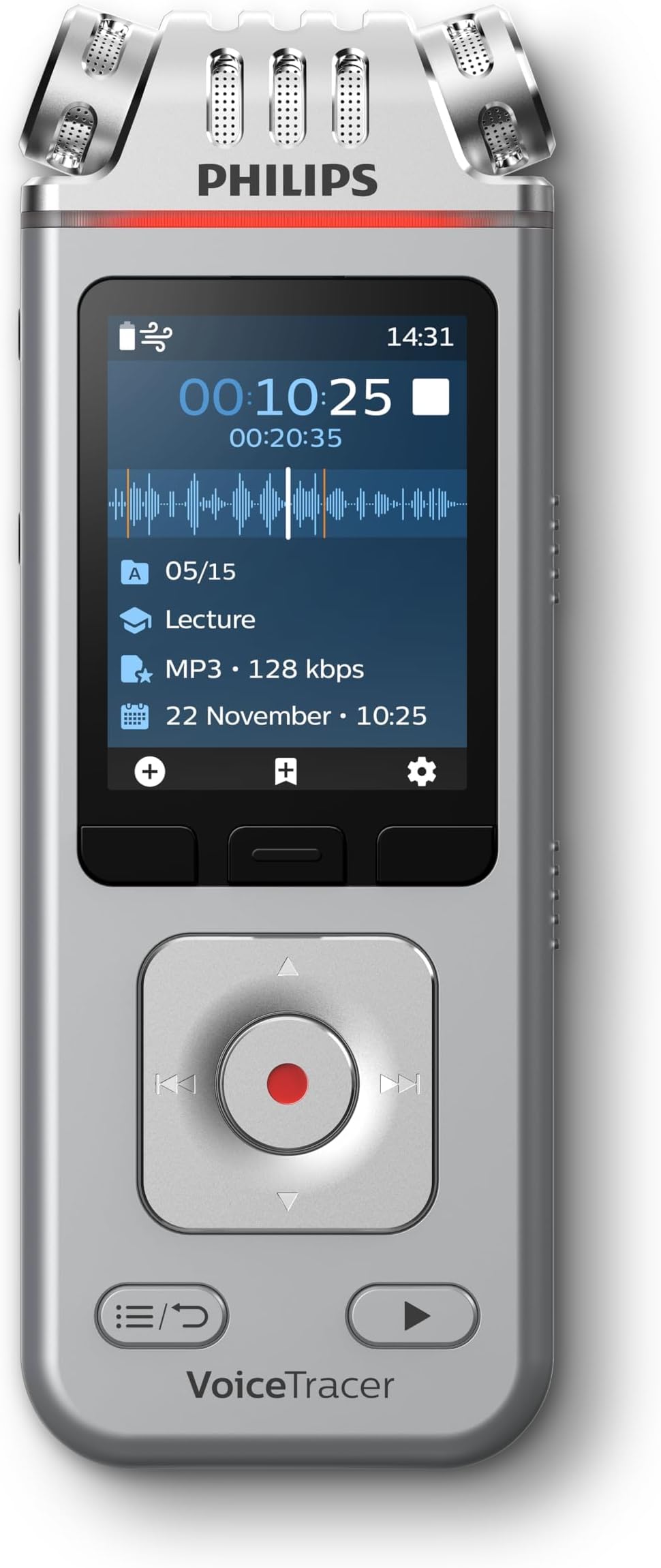 DVT4115 VoiceTracer, Audio Recorder, MP3 and PCM, 3 HiFi microphones, exceptional distant recording. Sembly AI trial license: transcription, AI created summaries, AI powered meeting insights