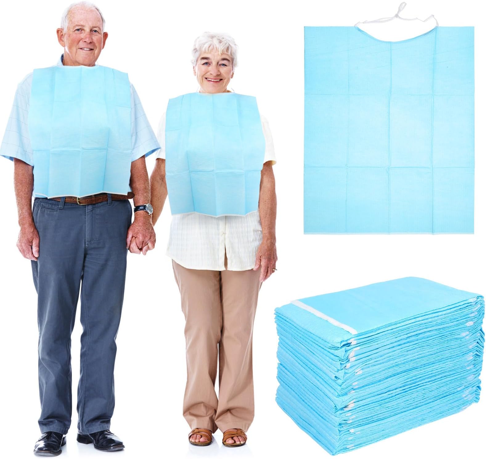 Beavorty 30Pcs Disposable Adult Bibs Eating Bibs Food Catcher Crumb Catcher Bibs Apron Clothing Protectors for Seniors Elderly Disabled Women Men Blue