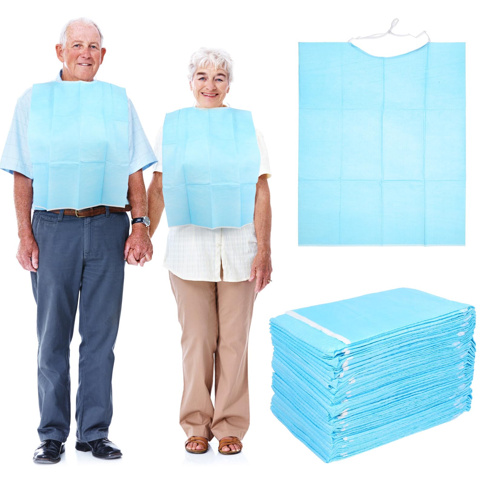 Beavorty 30Pcs Disposable Adult Bibs Eating Bibs Food Catcher Crumb Catcher Bibs Apron Clothing Protectors for Seniors Elderly Disabled Women Men Blue