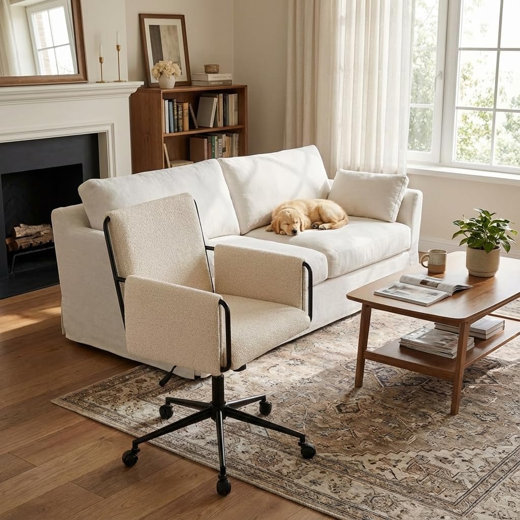 YOUNIKE Wide Seat Home Office Chair with Arms Modern Desk Chair with Wheels Fabric Vanity Chairs with Comfy Back Cross Legs Adjustable Swivel Rolling Computer Task Chair for Study Bedroom Makeup Beige