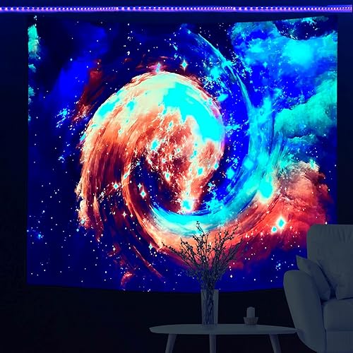 Miniatura 1 de Sinsoledad Tapiz de luz negra con galaxia, reactivo a los rayos UV, pósteres de luz negra, nebulosa trippy estrellada, estrella, universo, planetas,