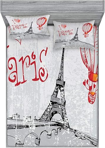 Miniatura 209 de Ambesonne Juego de sábanas bajeras y fundas de almohada, dibujos de aviones antiguos, vuelos clásicos con fechas, estilo vintage, diseño nostálgico,