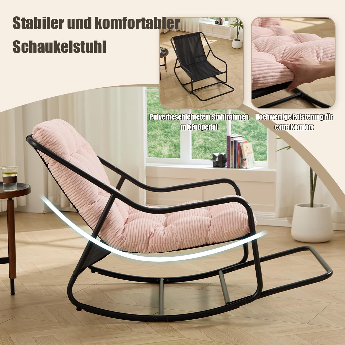 Schaukelstuhl Loungesessel ohne Armlehnen, Lesenstuhl Relaxstuhl mit Metalrahmen, Stuhl drinnen & draußen für Wohnzimmer Balkon Garten, Cord Pink